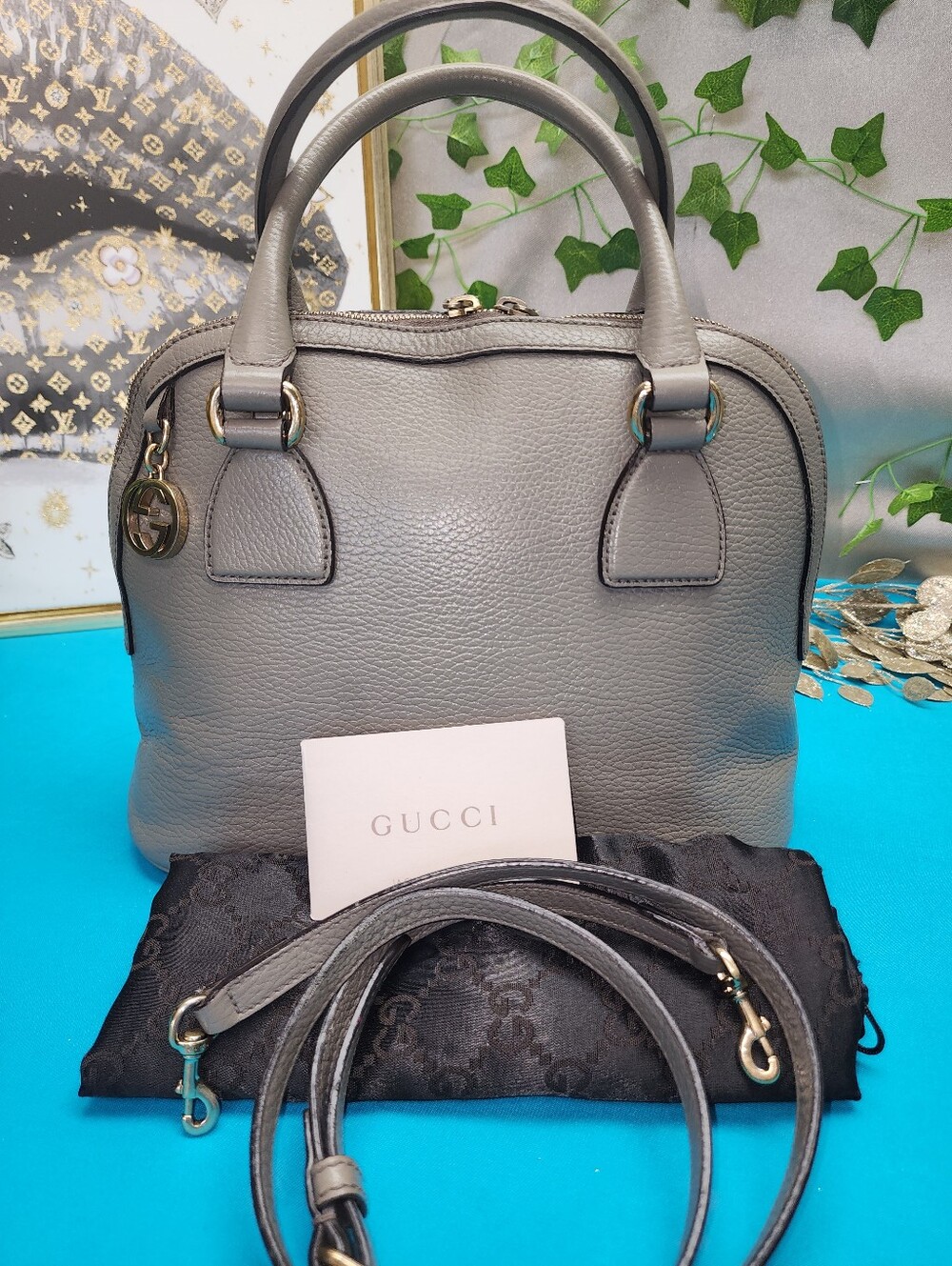 Authentic Gucci Dollar Calfskin GG Charm Dome Bag In Grey W/ Strap & Dust Bag